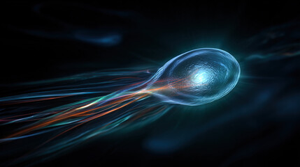 A single, glowing primordial cell dividing rapidly in a dark aquatic environment with vibrant energy trails.
