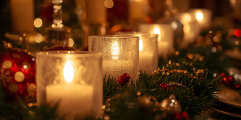 Festive Holiday Table Setting with Candles and Evergreen Decor