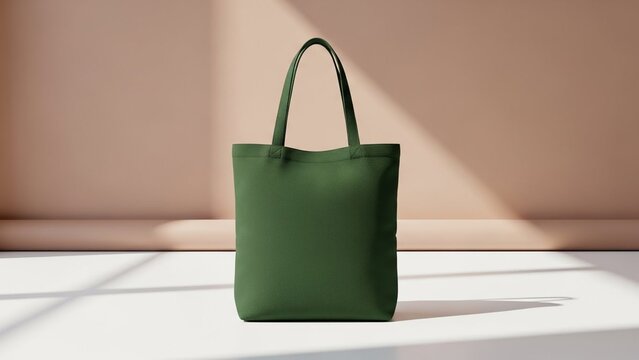 Deep green canvas tote bag standing upright, clay-toned background, product photography for minimalist branding