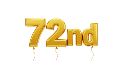 3D Golden 72nd Number Balloon Illustration on transparent background