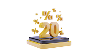 3D Golden 20 Percent Discount Symbol with Percentage Signs on transparent background