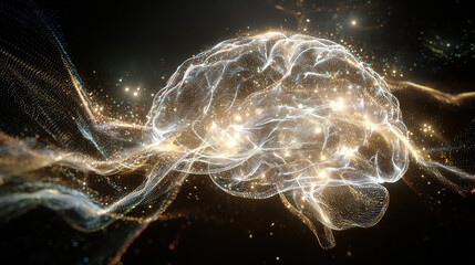 An abstract visualization of a human brain silhouette with intricate, glowing neural pathways on a dark cosmic background.
