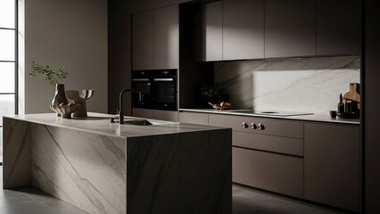 Cocoa-brown luxury kitchen with marble island and smart appliances, cinematic modern interior photography for high-end home branding and stock