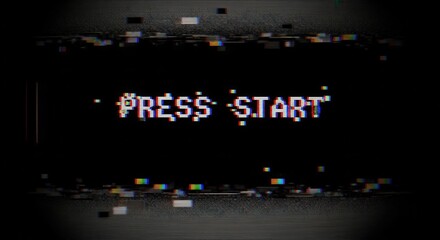 Glitchy Retro 'Press Start' Screen with Distorted Pixelated Text and Black Background