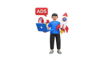 3D Man with Laptop, Megaphone, Rocket and Ads Symbol on transparent background