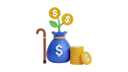 3D Money growing from bag with coins and cane on transparent background