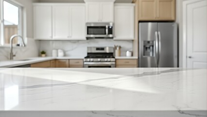 Empty White Marble Countertop with Blurred Home Interior Background
