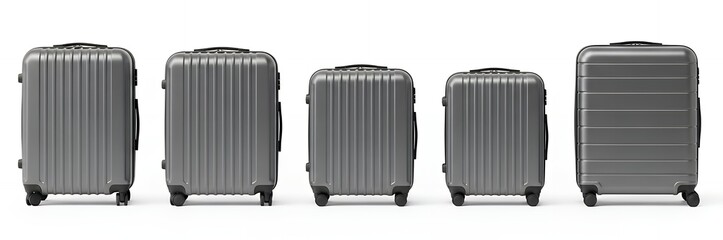 Fototapeta premium Array of Gray Hardshell Travel Luggage Suitcases in Multiple Sizes for Modern Journeys Isolated on White Background