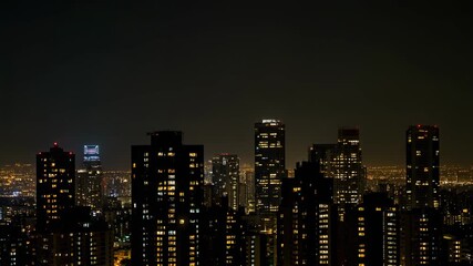 Cityscape at Night with Illuminated Skyscrapers and Urban Landscape.