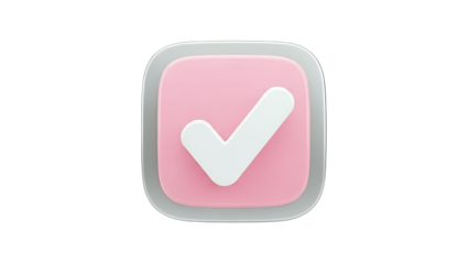 3D Pink Checkmark Icon with Silver Border on transparent background