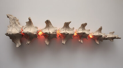 A sculptural representation of a human spine made of cracked stone with five points of intense pressure glowing warmly.

