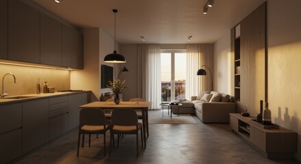 Modern Open-Plan Living Space with Kitchen and Dining Area.