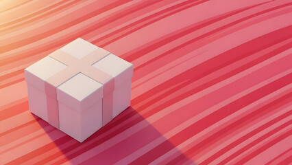 Minimalist white cube floating on vibrant pink and red curved abstract background depicting
