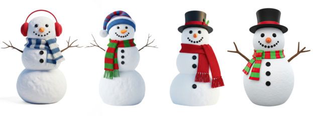 Collection of snowman wearing winter clothes with a red hat and scarf, png transparent background
