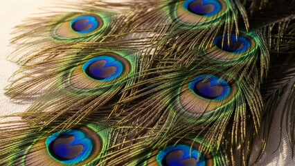 Obraz premium Vivid peacock feathers showcasing iridescent eye patterns and intricate natural details