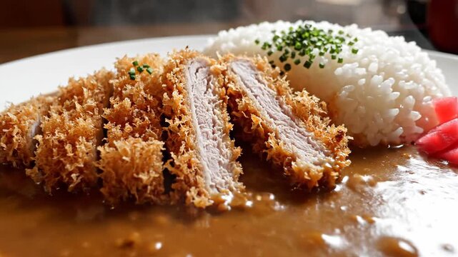 Close up of a japanese cuisine dish fried cutlet rice and curry sauce