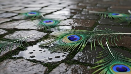 Colorful peacock feathers scattered over wet stone surface with reflective water patterns