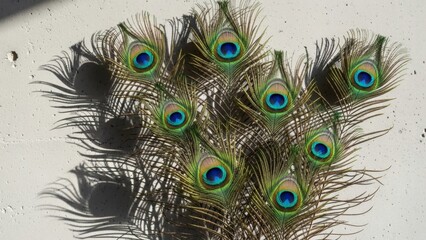 Obraz premium Vibrant peacock feathers with iridescent eye patterns and shadow play on a neutral background