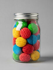 A vibrant jar filled with colorful brain-shaped candies for creative projects and innovative ideas.