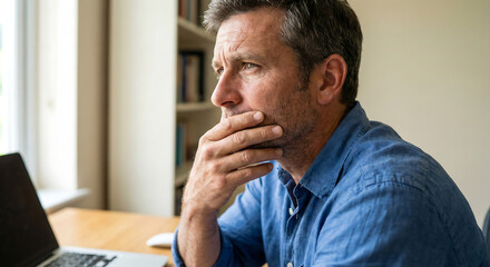 Laptop, thinking and business man in office, working on project or email. Computer, professional and male person problem solving, looking for solution or planning, reading or focus on decision making