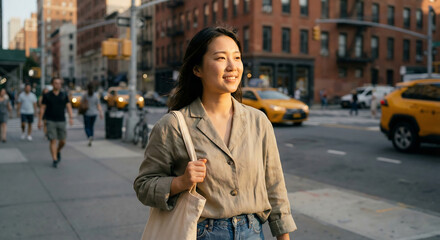 portrait of a happy young woman outdoor - Close up of a smiling asian girl in the city