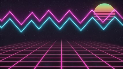 Retro futuristic neon landscape with glowing grid and mountains. - Powered by Adobe