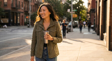 portrait of a happy young woman outdoor - Close up of a smiling asian girl in the city