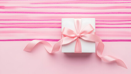 Elegant pink ribbon adorns a neatly wrapped white present on pastel striped background for