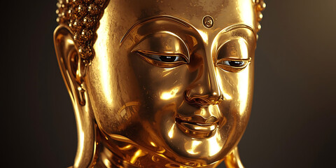 Close-up of golden Buddha statue with serene expression and detailed curls in calm lighting