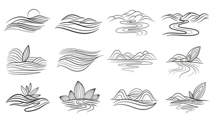 Set of Hand-Drawn Landscape and Nature Elements with Waves and Mountains.
