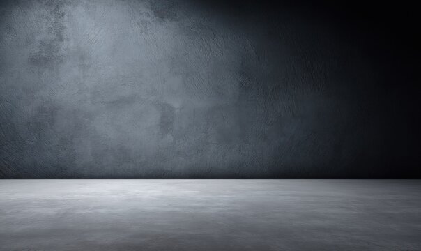 Empty room with spotlight illuminating textured gray concrete wall and floor, creating a dark abstract grunge background with copy space