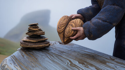 Person holding heart shaped stone next to a balanced rock stack.