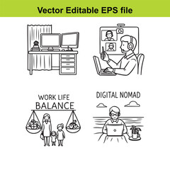  vector illustrations of people working remotely with computers and achieving work life balance