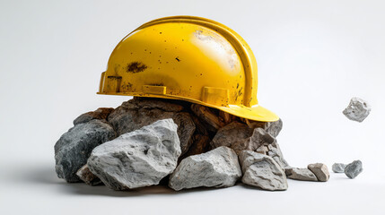 Yellow construction helmet on pile of rubble and broken stones.