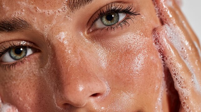 Close up portrait of a model washing her face with soap, showing clean fresh skin, detailed complexion, soft natural lighting, relaxed expression, skincare and beauty concept on white background
