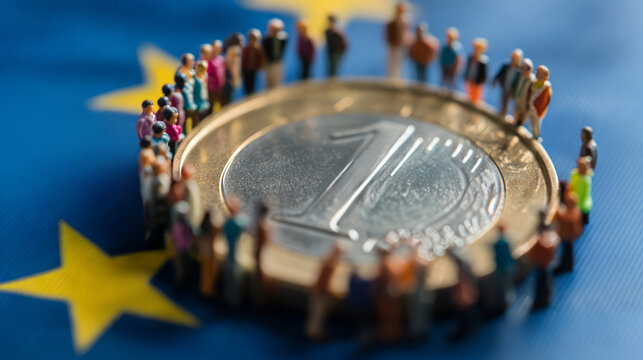 Miniature people figures standing around large euro coin on EU flag.