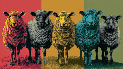 Colorful stylized sheep standing against vibrant backgrounds.