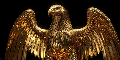 Majestic golden eagle sculpture with outstretched wings on black background exuding power elegance and detail