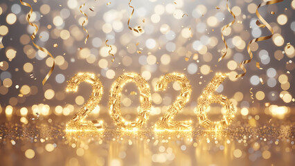 A festive New Year's celebration with golden confetti and sparkling lights