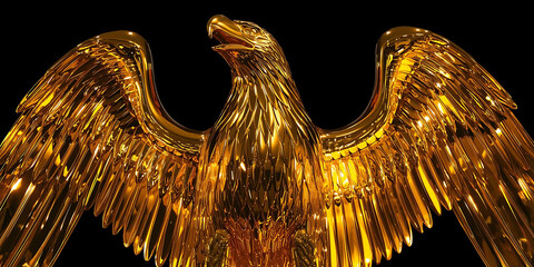 Golden eagle sculpture with outstretched wings on black background creating majestic powerful metallic appearance