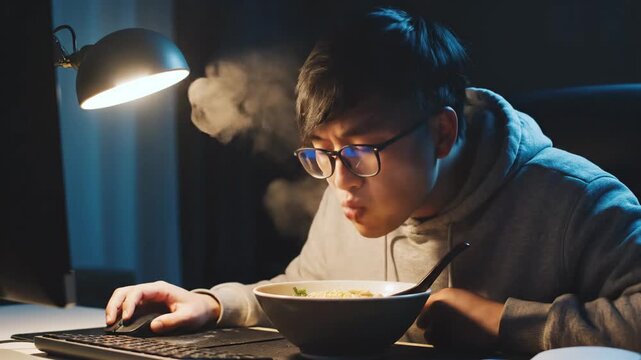 Person enjoying noodles illuminated by desk lamp in dim setting