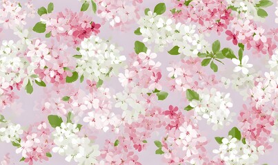 Small, delicate five-petal flowers in white and pink, accented with tiny green leaves Composition