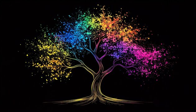 黒背景に虹色で描く現代風梅の木墨絵