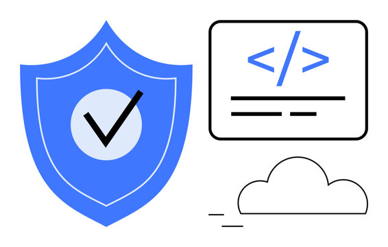Cybersecurity, cloud storage, online coding, data protection, software development, web services. Blue shield with checkmark, code symbol and a cloud icon. Cybersecurity and cloud storage concept