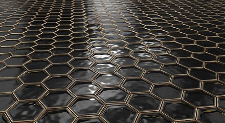 Abstract honeycomb pattern with metallic gold outlines and reflective surface