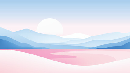 Minimalist swamp landscape with pink water and blue mountain layers. A large white sun hangs over a serene, abstract swamp-like flat at dawn