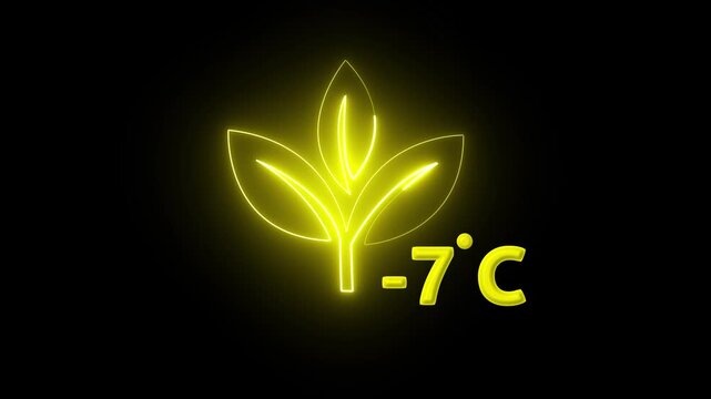 Protection of the environment Weather forecast related.Glowing neon digital temperature display showing minus 7&deg;C onblack background, futuristic LED-style number,Researches minus 7degrees centigrade