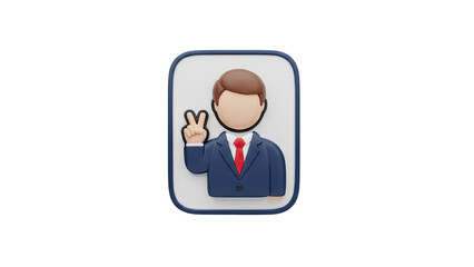 3D Business Man Character Icon with Peace Sign on transparent background