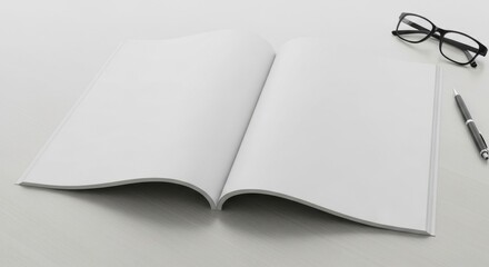 Open blank book with clean white pages accompanied by pen and glasses on light surface