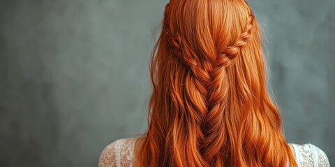A woman with red hair, wearing a white lace top, stands with her back to the camera, facing a gray wall. The woman's hair is styled in a fishtail braid, and she has a serene expression on her face.